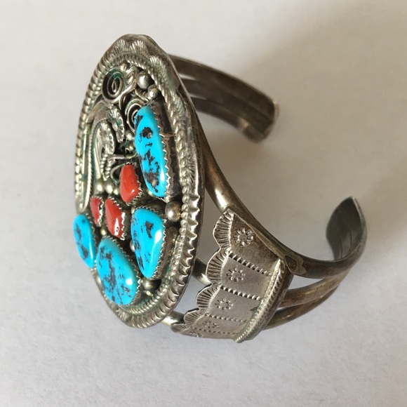 Vintage Native American Turquoise Coral Sterling Silver Cuff Bracelet - Picture 2 of 16